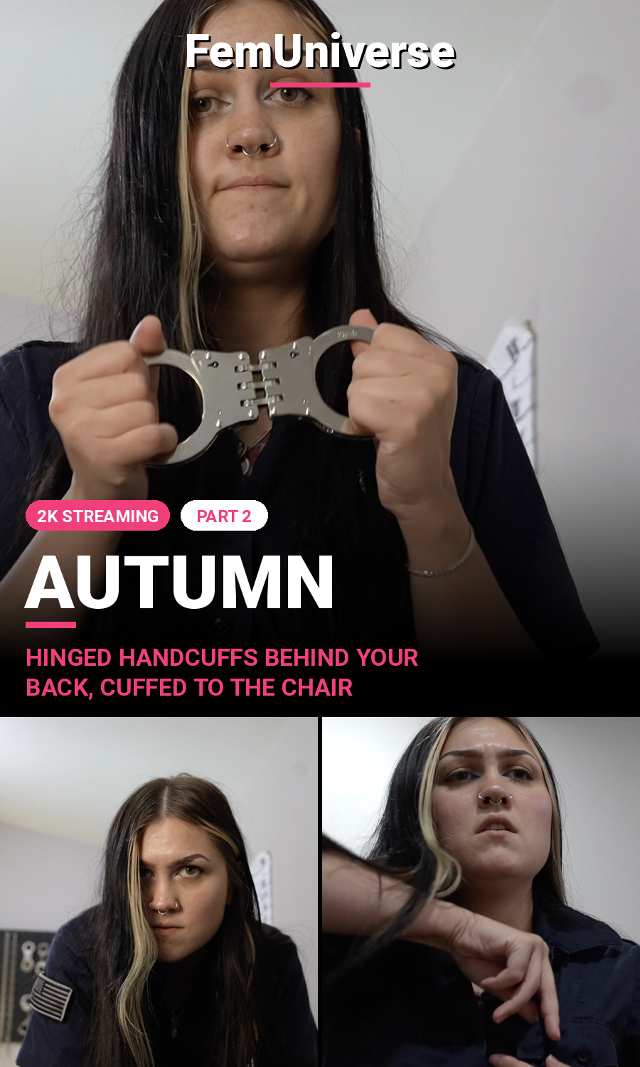 Officer Autumn holding hinged handcuffs, FemUniverse POV Part 2